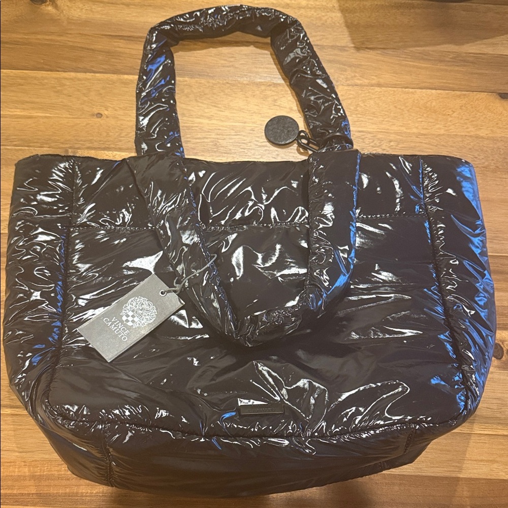 NWT Vince Camuto Glossy Black Quilted Tote Bag